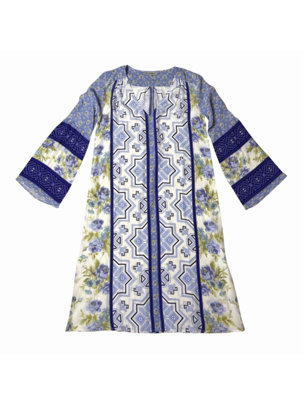 D’Ascoli Silk V Neck Kaftan Midi Dress S Bell Sleeves Blue Green Geometric
